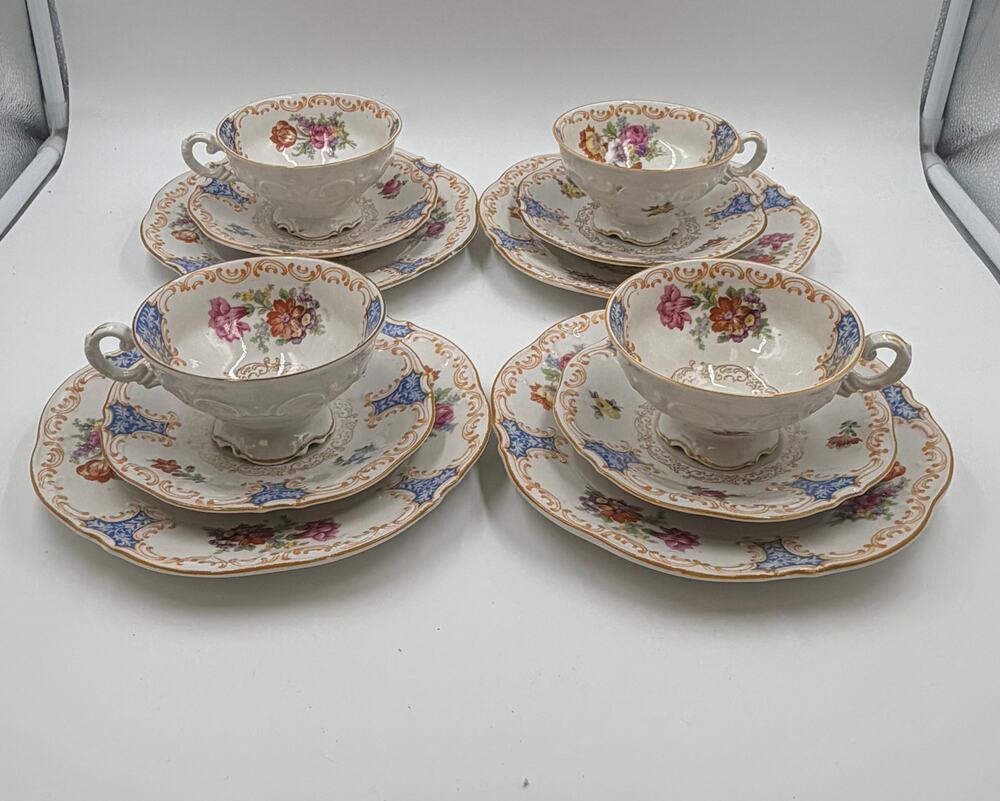 Vintage Schumann Bavaria US Zone Floral Tea Trio Set 12 Pc Cups Saucers Plates